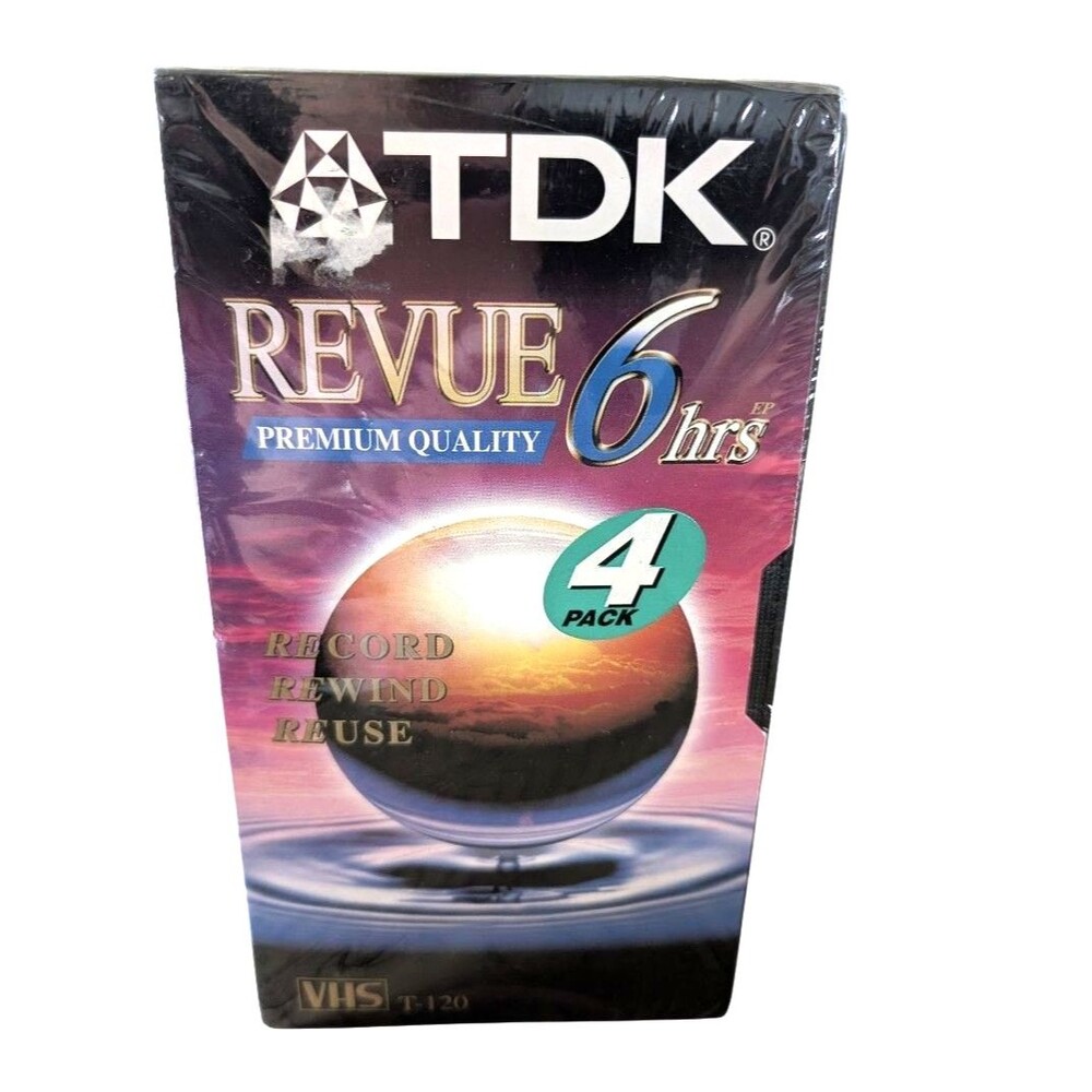 TDK REVUE Premium Quality 4 Pack Sealed VHS VCR T-120 Blank Video Tapes Vintage
